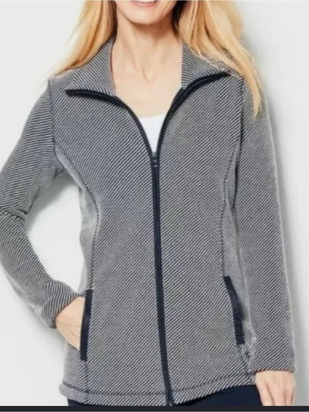 Talbots Navy and White Diagonal Knit Zip Jacket